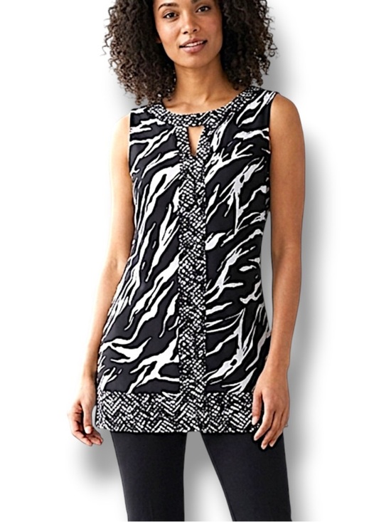 Dana Buchman Tops - Zebra Animal Print Top Sleeveless Kehole Tunic Tank Blouse Black White Large